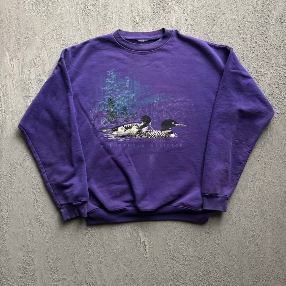 Vintage Wilderness Heritage Loon Graphic Sweatshirt Mens L Purple 90s